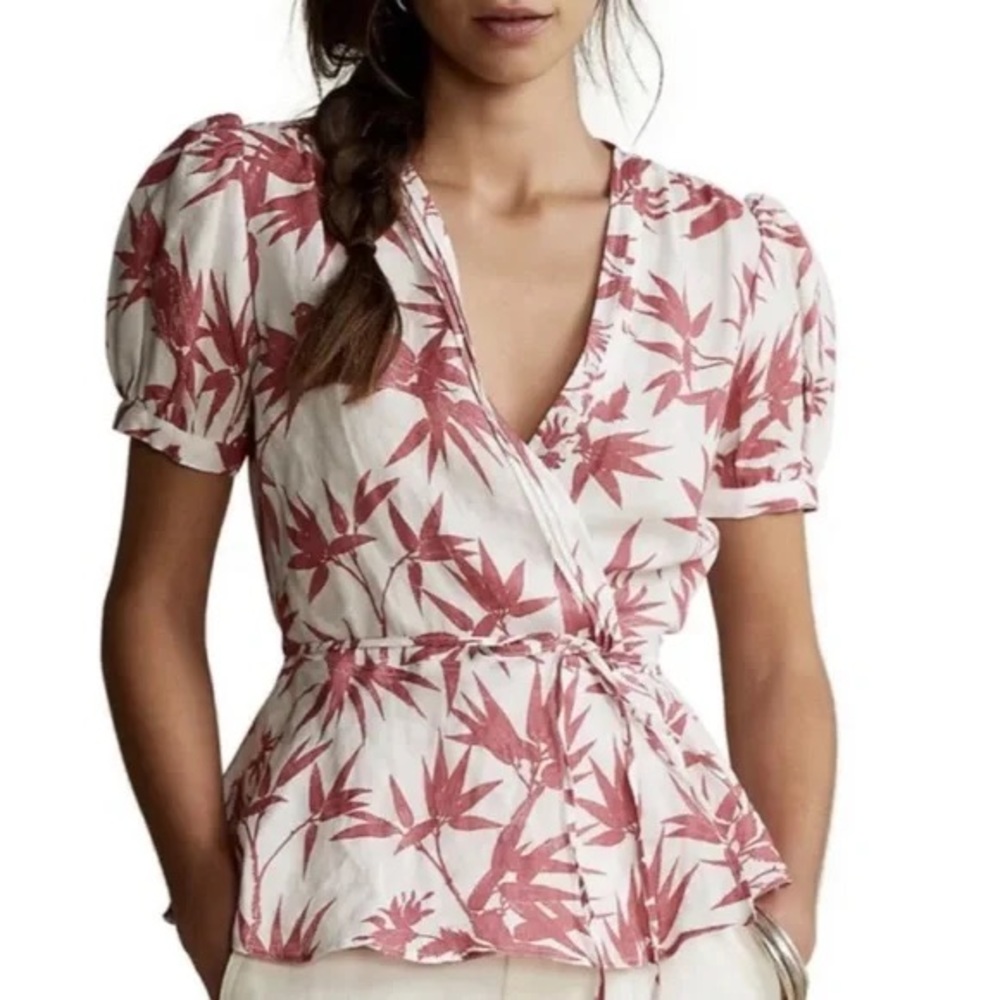 $150 Polo Ralph Lauren Linen Size XS Gaga Floral Print Wrap Shirt Top NWT